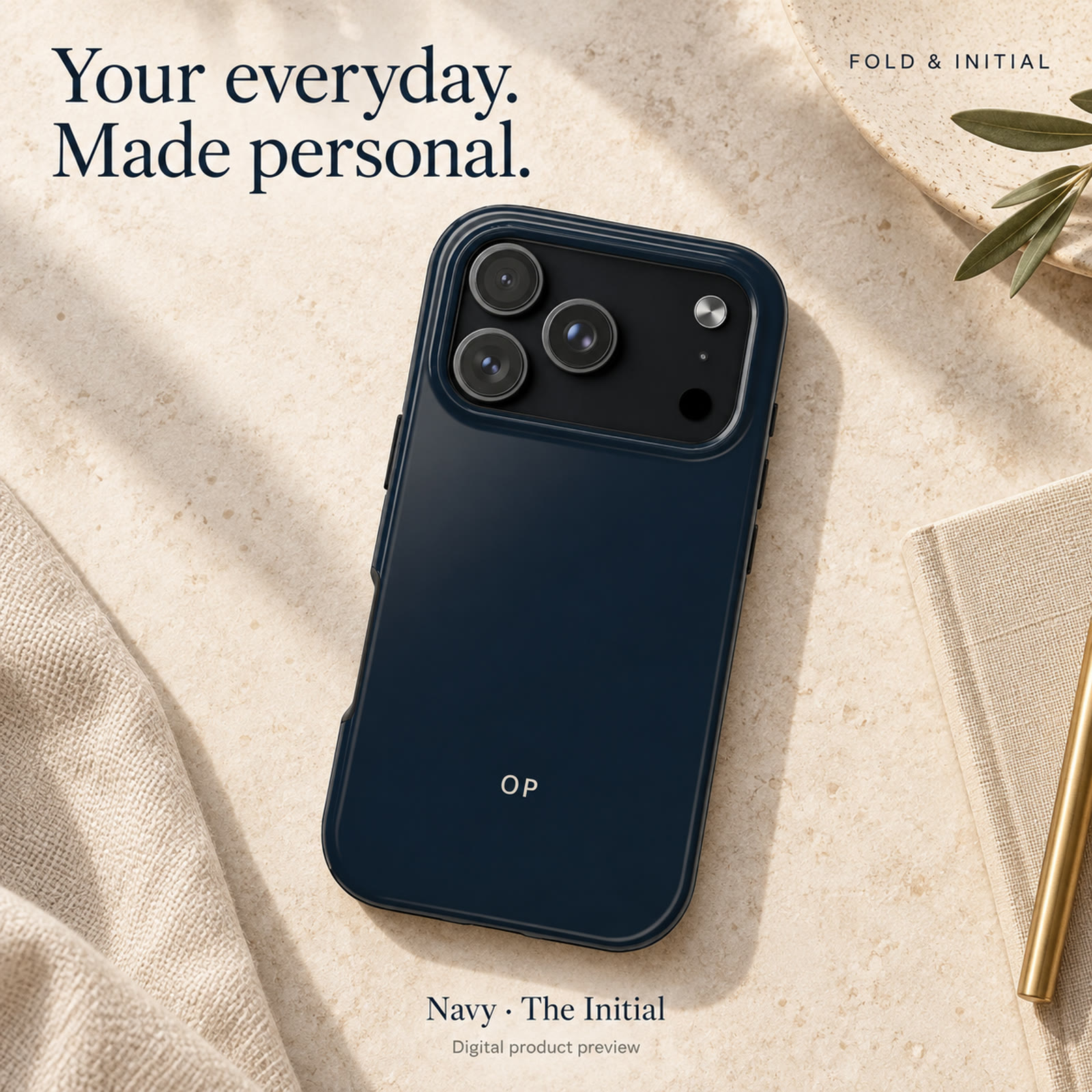 Digital preview of the navy Initial phone case, personalized with OP, on a stone surface